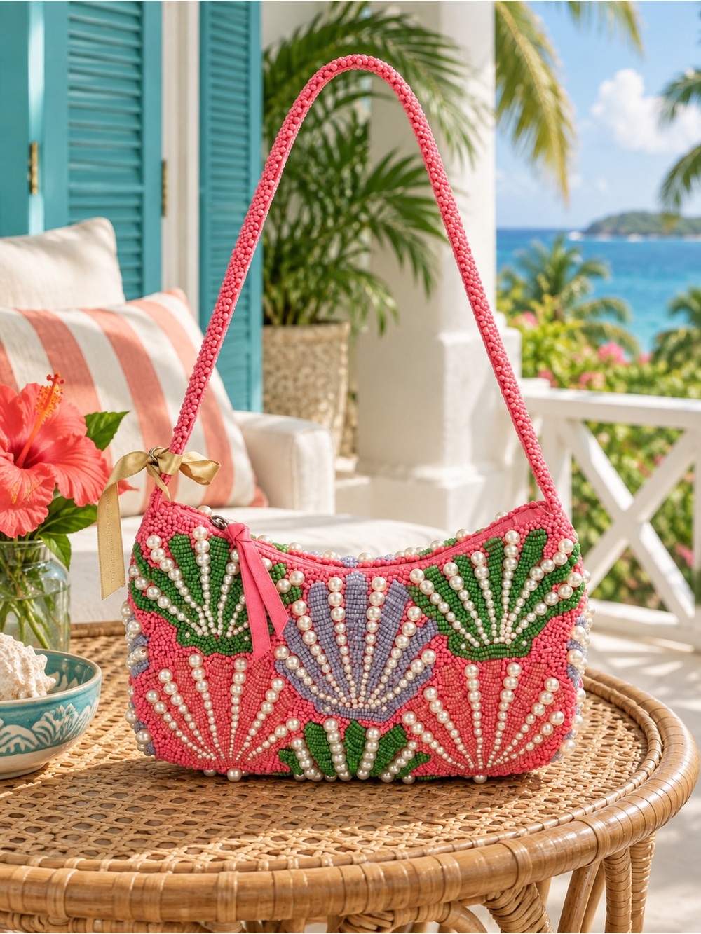 Vera Bradley Pink Beaded Shell Mini Shoulder Bag with Green and Lavender Accents